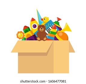 Kids Toy Box Full Of Toys. Cubes, Whirligig, Duck, Ball Rattle, Pyramid, Pipe, Bear, Ball, Rocket, Tambourine, Boat. Modern Flat Style Vector Illustration.