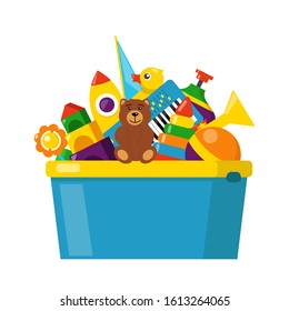 Kids toy box full of toys. Cubes, whirligig, duck, ball rattle, pyramid, pipe, bear, ball, rocket, tambourine, boat. Modern flat style vector illustration.