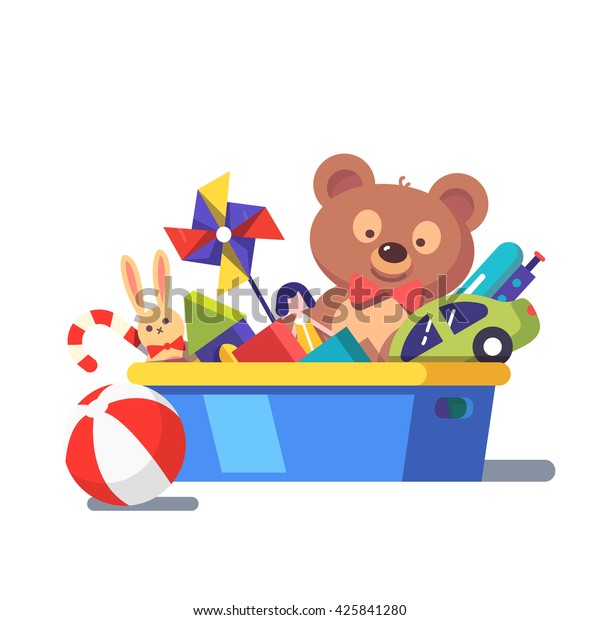 Kids toy box full of toys. Modern flat style\
vector illustration cartoon\
clipart.