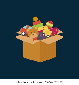 Kids toy box. A set of toys in a box. Children's greeting card with objects for games. Isolated vector toys for children. Vector illustration