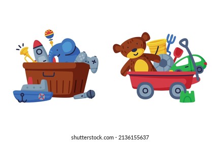 Kids Toy Box with Teddy Bear and Ship Vector Set