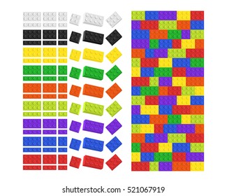 Kids toy building construction lego blocks in various colours and sizes isolated on white background with tiled matching pattern