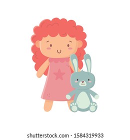kids toy, cute little doll and rabbit toys on white background vector illustration