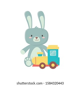 kids toy, cute rabbit and train wagon toys on white background vector illustration