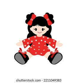 Niñas muñecas de juguete. La muñeca linda con un vestido rojo está sentada. Ilustración vectorial aislada en fondo blanco.