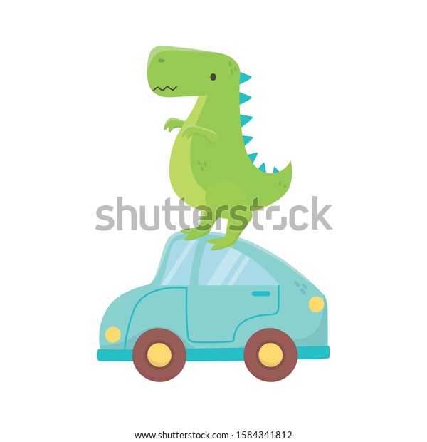 kids toy, green dinosaur and blue car toys\
on white background vector\
illustration