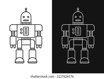 Kids toy humanoid robot with battery charge sensor. Outline icons set. Science early education equipment. Vector black and white illustrations.