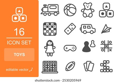 Kid's toy icon set. Children line icons for toys and games. Editable stroke EPS vector.