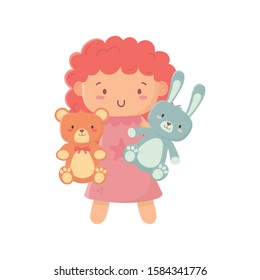 kids toy, little doll with teddy bear and rabbit on white background vector illustration