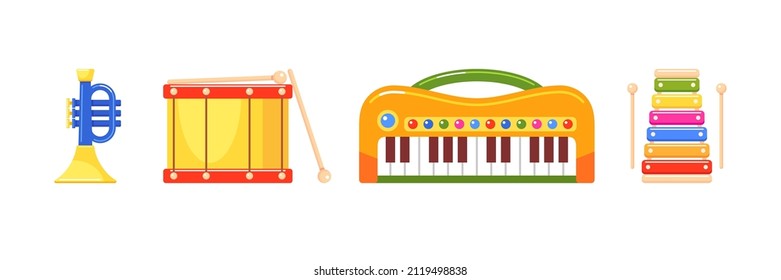 Kids toy musical instruments. Piano, drum, xylophone and trumpet. Early education equipment. Set of vector colorful flat illustrations isolated on white background