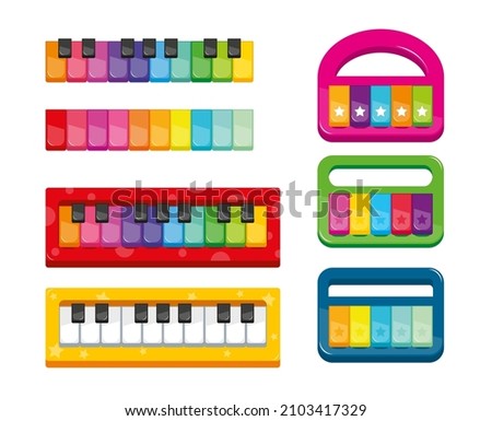kids toy pianos with multi-colored keys of different shapes. Vector illustration Foto d'archivio © 