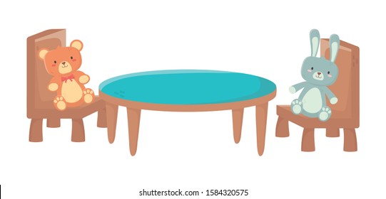 kids toy, rabbit furry and bear table chairs toys vector illustration