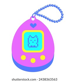 Kids toy retro electric. Tamagotchi. Vintage digital pocket pet game. Japanese classic toy with screen display, chain and buttons. Caring for cute digital animal. 90s. Vector.