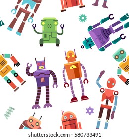 Kids toy robot, humanoid, spaceman, cyborg vector. Seamless pattern with color toy robot, illustration of robotic machine toys