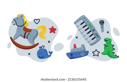 Kids Toy with Rocking Horse, Dino and Keyboard Vector Composition Set