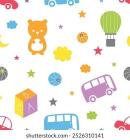 Kids toy seamless pattern. Childish design for kids apparel, baby product, fabric, wrapping, wallpaper. Vector illustration