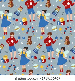 Juguete de los niños sin patrón. Niños felices, alas de hadas, osos de peluche. Adorable niño y niña. Decoración textil, papel de embalaje, Fondo de pantalla. Estampado para tela. Vector de dibujos animados de estilo plano aislado ilustración