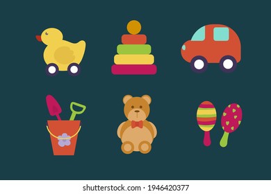 Kids toy set. Isolated vector children's o objects for games. Beautiful icons in the color of children's toys. Pyramid, Bear, Duck, Car, Rattles, Bucket with spatula. Vector illustration