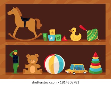 Kids toy shelf full of colorful children toys - teddy bear and rubber duck, soldier and car, beach ball and horse sitting on wooden shelves. Flat vector illustration.