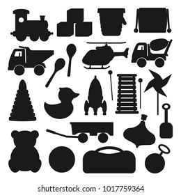 Kids toy silhouettes. Objects for a child to play with, a doll, model car, teddy bear for room decoration. Vector flat style cartoon illustration isolated on white background