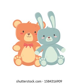 kids toy, teddy bear and cute rabbit toys on white background vector illustration