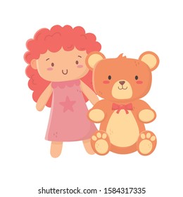 kids toy, teddy bear and pink little doll on white background vector illustration
