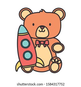 kids toy, teddy bear and plastic rocket toys on white background vector illustration