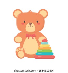 kids toy, teddy bear and plastic pyramid toys on white background vector illustration