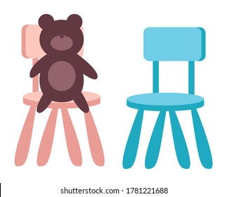 Kids toy, teddy bear sitting on chair on white background vector illustration. Children's toys and furniture, baby room decor elements. Toy character animal soft brown bear. Little pink and blue chair