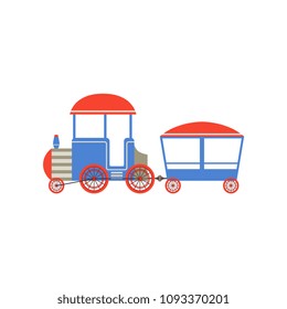 Kids toy train, blue and red cartoon railroad toy with locomotive vector Illustration on a white background