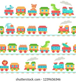 Kids toy train pattern. Children railroad toys, baby trains transport on rails and kid railway for children wallpaper. Locomotive fabric or wrapping decoration cartoon seamless vector illustration