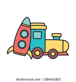 kids toy, train wagon and plastic rocket toys on white background vector illustration