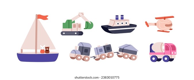 Kids toy transport set. Cute nursery train, ship, sail boat, excavator, truck and helicopter for play and fun. Childish kindergarten flat vector illustrations isolated on white background