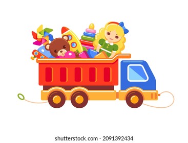 Kids toy truck with doll, bear, blocks, windmill propeller, ufo, rocket and pyramid. Vector cartoon colorful isolated illustration