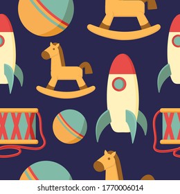 Kids Toy Vector Seamless Pattern. Horse, Pyramid, Drum, Ball, Doll, Cubes, Bear, Rocket, Car Background. Childrens Colorful Texture  For Wrapping, Wallpaper, Textile. Green, Red, Orange, Brown Colors.