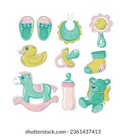 Kids toy vector set. Children's toys and accessories isolated on white background. Great fit for nursery poster, t shirt print, kids apparel, greeting card, label, patch or sticker. Vector illustratio