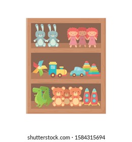 kids toy, wooden shelf furniture with toys on white background vector illustration