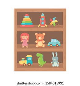 Kids Toy, Wooden Shelf Furniture With Toys On White Background Vector Illustration