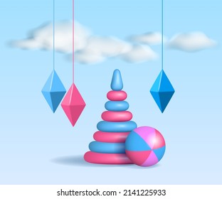 Niños juguetes como 3d Objetos en el fondo azul del cielo con nubes y estrellas. Pirámide infantil y bola de playa