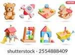 Kids Toys 3D Vector Icon Set: Teddy Bear, Toy Rocket, Shape Sorter Puzzle, Rocking Horse, Playhouse with Slide, Abacus, Geometric Building Blocks, Sand Cart with Shovel.