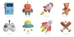 Kids Toys 3D Vector Icon Set.
Portable Console,robot Toy,rocket,teddy Bear,joystick,ufo Toy,spaceship,baseball Bat