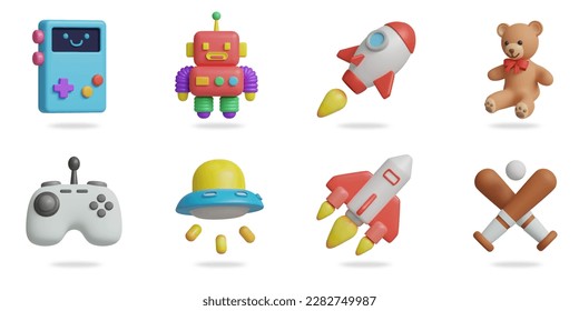 kids toys 3D vector icon set 
portable console robot toy rocket teddy bear joystick ufo toy spaceship baseball bat