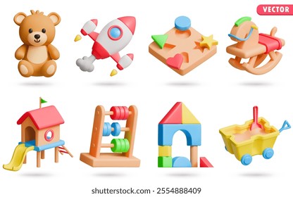 Kids Toys 3D Vector Icon Set: Teddy Bear, Toy Rocket, Shape Sorter Puzzle, Rocking Horse, Playhouse with Slide, Abacus, Geometric Building Blocks, Sand Cart with Shovel.