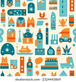 Kids Toys Abstract Wallpaper or Background Vector Seamless Pattern