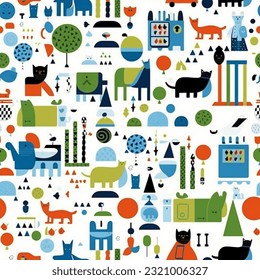 Kids Toys and Animals Abstract Characters Wallpaper or Background Vector Seamless Pattern