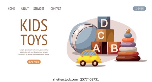 Kids toys banner template. Advertising banner with car, ball, cube block and pyramid. Web banner, landing page or promo