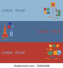 Kids toys banners: rocket, puzzle, scoop, rake, watering can, pinwheel and other. Design element for postcard, textiles or print.