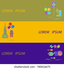 Kids toys banners: rocket, puzzle, scoop, rake, watering can, pinwheel and other. Design element for postcard, textiles or print.