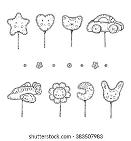 Kids toys. Beach Inflatable Toys. Balloons. Kawaii toy. Hand Drawn doodle star, heart, cat, car, airplane, flower, moon, rabbit  - Vector Set