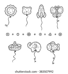 Kids toys. Beach Inflatable Toys. Balloons. Kawaii toy. Hand Drawn doodle ship, sun, bear, rocket, butterfly, elephant, fish - Vector Set